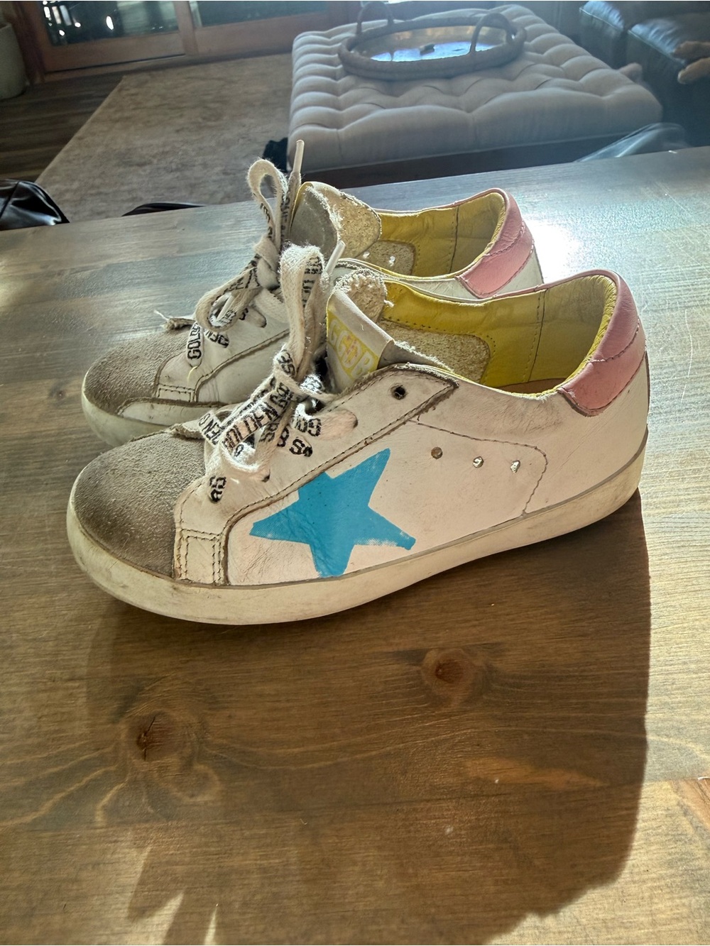 Golden Goose Kids White Sneakers with Blue Star and Pink Heel Accent